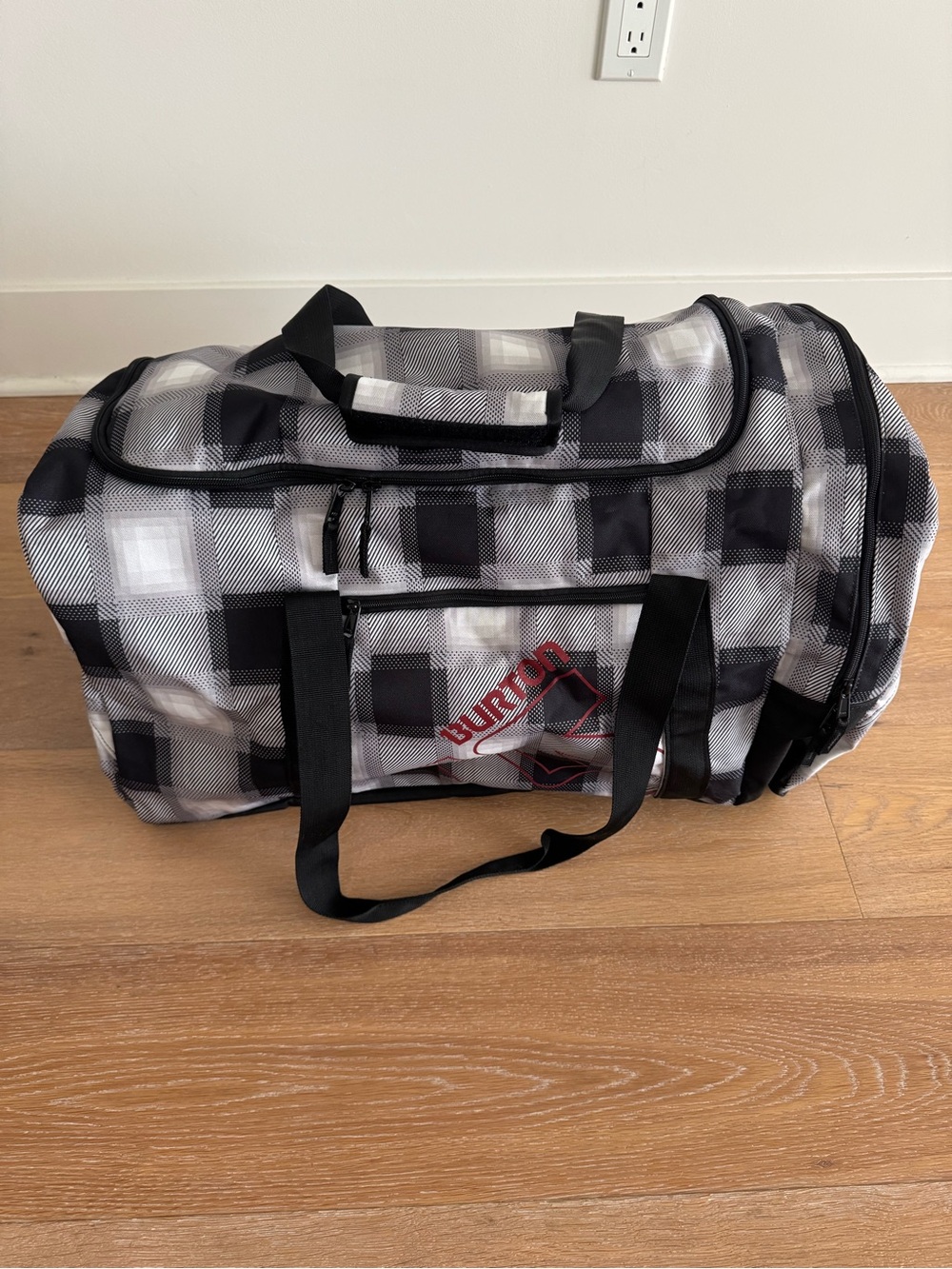 Burton Boothaus Gray & White Plaid Duffel Bag with Red Logo